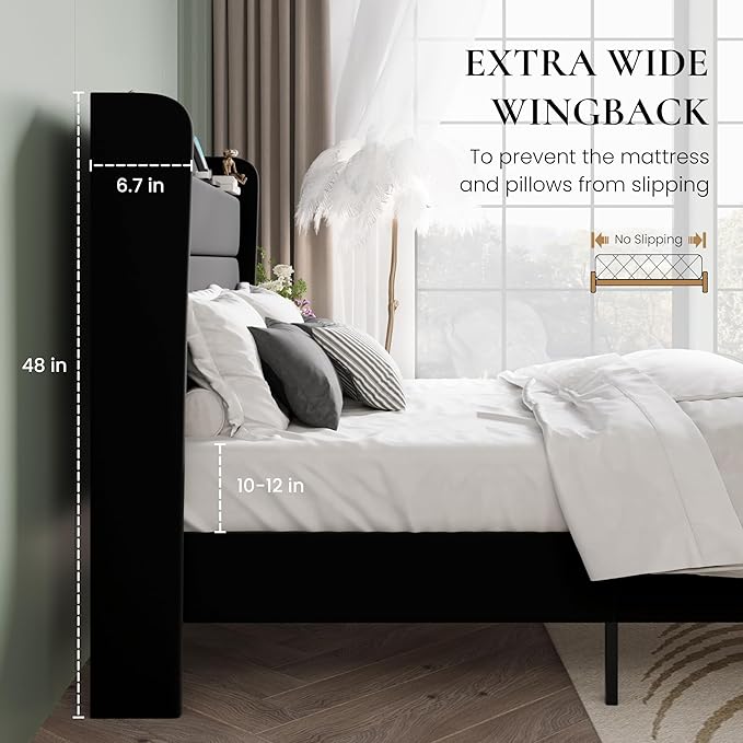 SHA CERLIN Full Size Bed Frame with Charging Station, Velvet Upholstered Platform Bed, Wingback Storage Headboard, Type-C & USB Ports, Strong Wooden Slats, No Box Spring Needed, Easy Assembly, Black