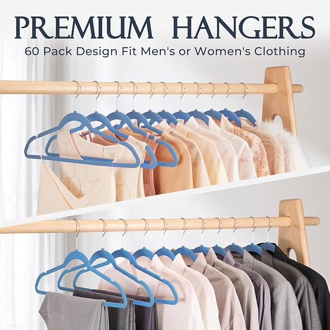 HOUSE DAY Tranquil Blue Velvet Hangers 60 Pack, Non Slip Clothes Felt Hanger Heavy Duty for Coat, Premium Slim Space Saving Suit Hangers for Closet Organizer, 360° Rotating Silver Hook