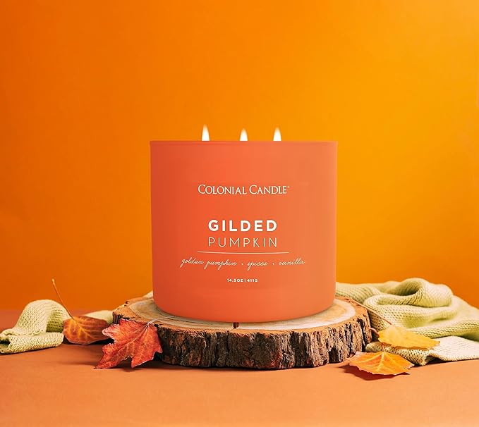 Colonial Candle Gilded Pumpkin Scented Jar Candle, Pop of Color Collection, 3 Wick, Orange, 14.5 oz - Up to 60 Hours Burn (Pack of 2)