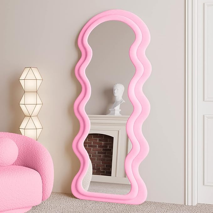 BOJOY Full Length Mirror 63"x24", Irregular Wavy Mirrors, Wave Arched Floor Mirror, Wall Mirror Standing Hanging or Leaning Against Wall for Bedroom, Flannel Wrapped Wooden Frame Mirror-Pink