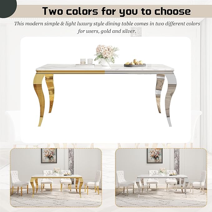 7-Piece Dining Table Set for 6, Faux Marble Dining Table Set with 70'' Marble Dinner Table and 6 Velvet Wing Back Chairs for Kitchen, Dining Room, White & Silver