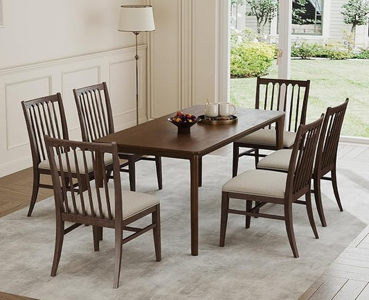 chairus Upholstered Dining Chairs Set of 6, Walnut Wooden Barrel Kitchen Chairs with Slat Back Double-Layer Cushion Farmhouse Accent Chairs for Dining Room/Living Room/Restaurant, Chenille Brown