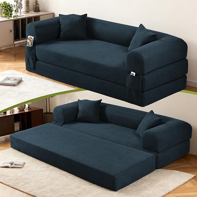 Convertible Futon Sofa Bed,80" Folding Pull Out Couch with Pillows & Storage Pocket, Oversized Queen Sleeper Sofa in a Box,Corduroy Boneless Couch for Living Room,Navy Blue