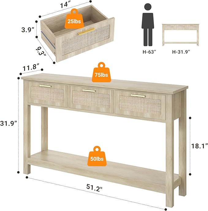ELYKEN Rattan 51.2" Console Table with 3 Drawer, Entryway Table with Drawer & Shelf, Boho Sofa Table Behind Couch Foyer for Living Room, Hallway, Natural Wood
