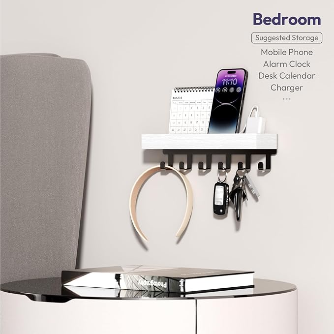 SWTYMIKI Key Holder Wall Mount - Wooden Key Hooks for Wall with Mail Organizer & 6 Hooks, 2 Installation Ways Key Hanger, Key Rack with Shelf for Entryway Living Room Bedroom Office Home Decor White