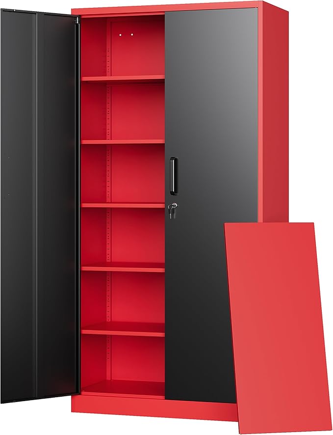 Letaya Metal Garage Storage Cabinets with Lock, 71" Tall Locker Organizer Steel Tool Cabinets,5 Adjustable Shelves 2 Doors for Home Office, Warehouse,Garage,Industrial,Employee (Black Red)