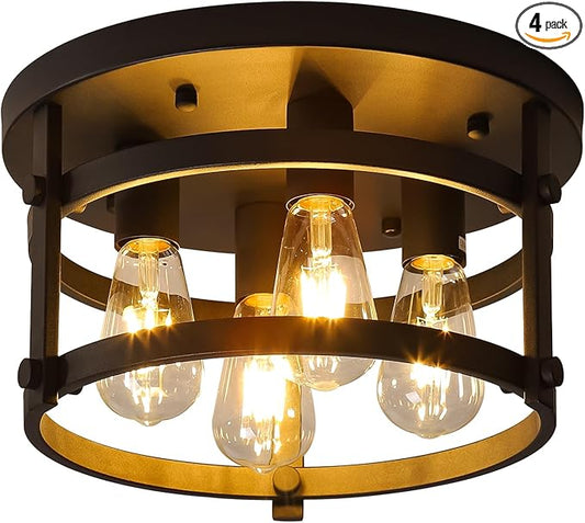 4-Light Retro Farmhouse Flush Mount Round Vintage Metal Ceiling Light Fixtures, Rustic Ceiling Lamp for Kitchen Island Hallway Entryway Bedroom Dining Room, E26 Bulbs, 13.78"