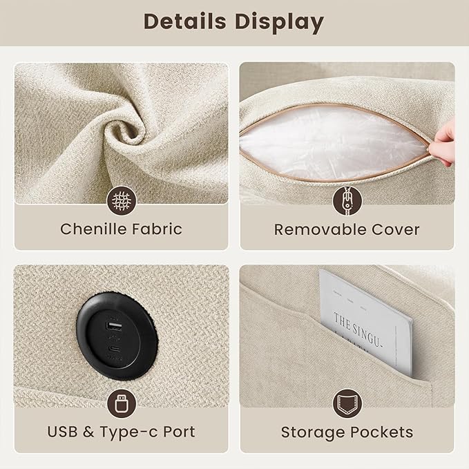 PARKOL 99" L-Shaped Sectional Couch with Storage, Sofa with Reversible Chaise, USB Type-C Charging, Chenille Fabric, Removable Cushion Covers, for Small Space, Apartment, Living Room, Beige