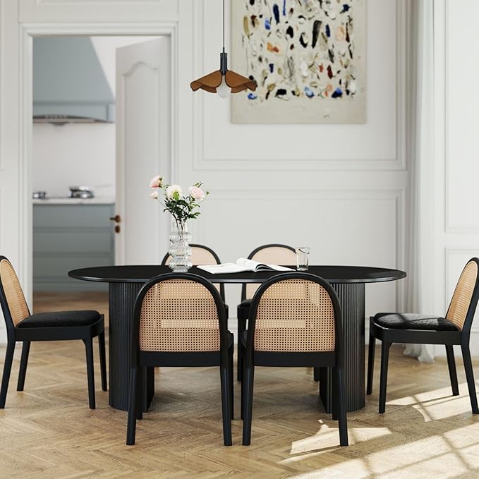 LukeAlon Modern Sherpa Dining Chairs Set of 6, Natural Woven Rattan Cane Back Side Chairs with Solid Wood Legs Mid Century Dinner Chairs for Kitchen Living Room, Black