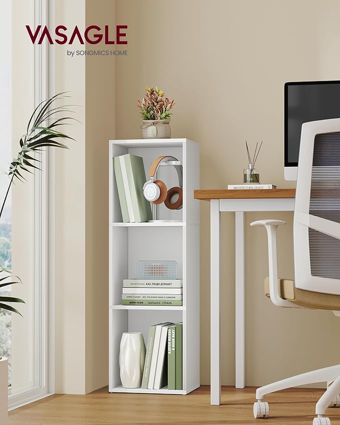 VASAGLE Custos Collection - Bookshelf, 3-Tier Bookcase, Book Shelf, Open Storage Shelf, 9.4 x 11.8 x 37.3 Inches, for Living Room, Home Office, Dining Room, Cloud White ULBC433W01