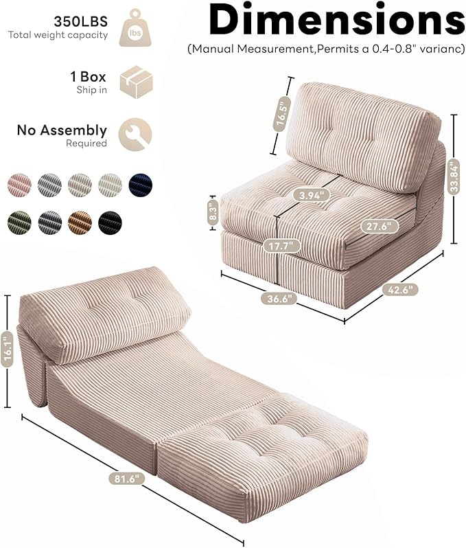 Tbfit Folding Sofa Bed, Convertible Sleeper Chair with Large Pillow, Corduroy Folding Couch Bed, Portable & Foldable Mattress Boneless Floor Sofa for Living Room, Bedroom, Office, Khaki, Single