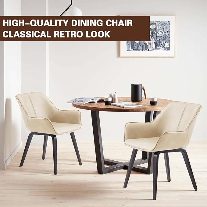 Upholstered Dining Chairs Set of 2, 4 & 6 - Faux Leather Accent, Living & Kitchen Dining Chairs - Comfortable Reading/Arm Chairs - Mid Century Modern Style (Beige, 2)