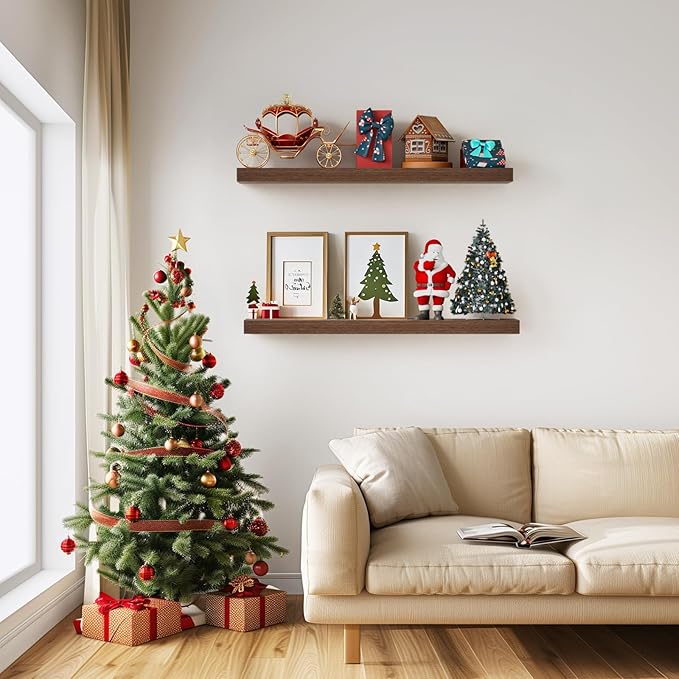 BAYKA Floating Shelves, 22.5 inches Rustic Wood Wall Shelves for Bathroom，Bedroom, Living Room, Kitchen & Book, Hanging Display Decor Organization Shelf with 22 lbs Capacity (Rustic Brown)