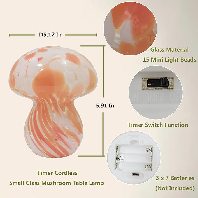 Mushroom Table Lamps Night Lights Cute Glass Nightstand Bedside Desk Lamps for Bedroom Living Study(Bulb Included) - Red