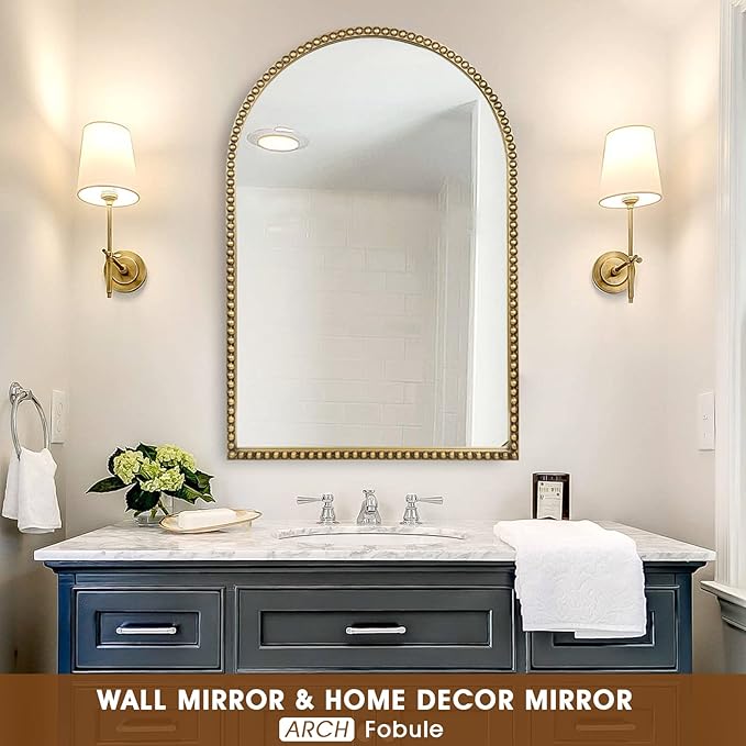 Arched Wall Mirror for Bathroom, 20"x30" Metal Beaded Frame Decorative Accent Mirror, Large Modern Distressed Hanging Wall Decor for Washroom, Bedroom, Living Room, Entryway, Antique Gold