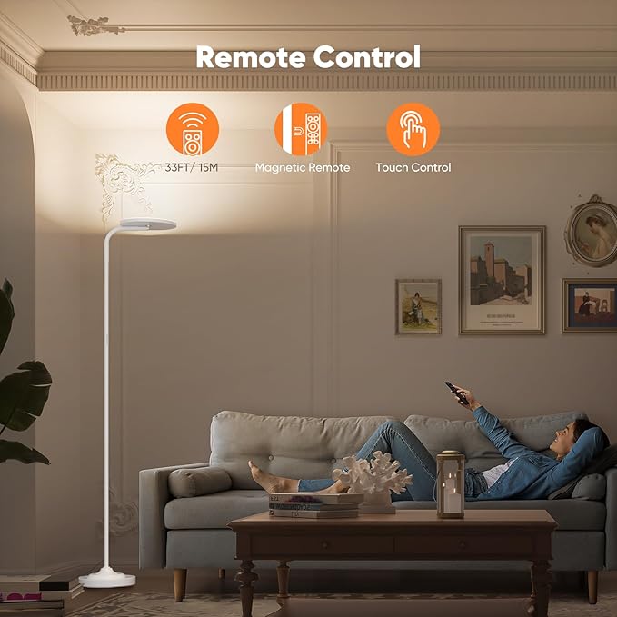 36W LED Floor Lamp, Super Bright Standing Lamp, Modern Stepless Dimmable Torchiere Tall Lamp with Remote Control, 350°Rotating Head Reading Floor Lamp for Living Room, Bedroom, Office - White