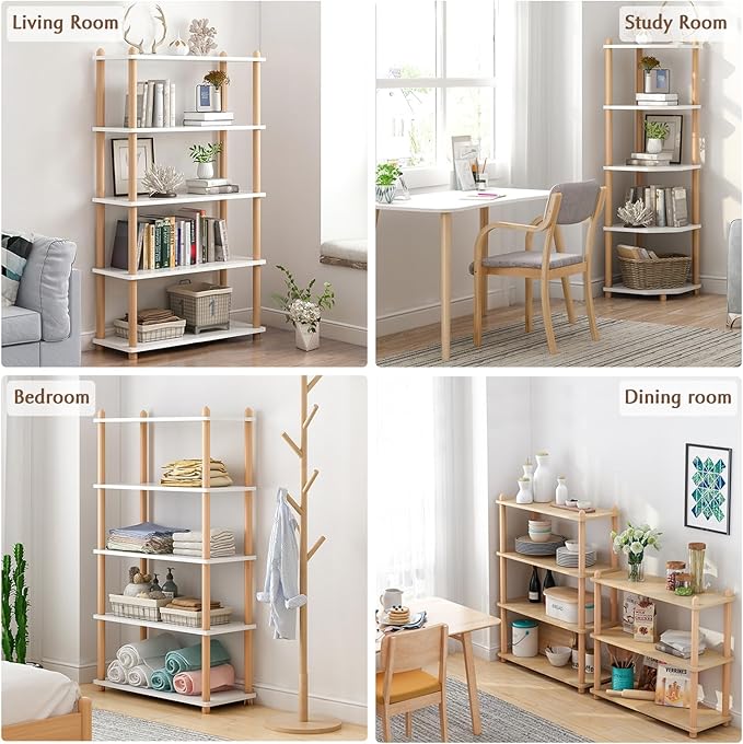 IOTXY 5-Tier Wooden Shelf Bookcase - Modern Open Bookshelf, Free Standing Storage Rack, Multifunctional Display Stand for Home and Office, White, Rectangle