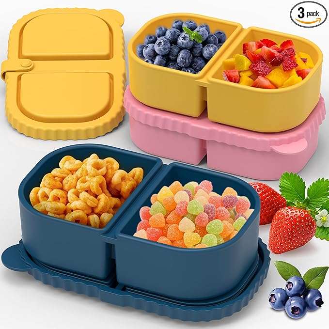 3 Pack Reusable Silicone Snack Containers with Lids, Meal Prep Containers 2 Compartments, Portable Silicone Food Storage Box for Picnic, School, Office (3)