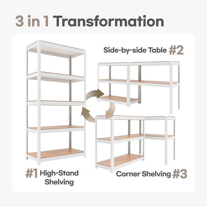 HOMEDANT House 5 Tier Laminated Metal Shelving Unit Adjustable Storage Utility Rack Heavy Duty Shelves Organization Multipurpose Shelf Kitchen Garage Pantry Closet (1, (M) 36.2" W, White)