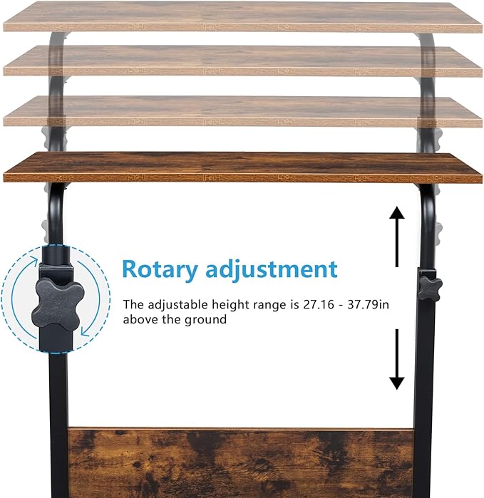 Goujxcy Sofa Side Table C Shaped End Table with Wheels, Rolling Bedside Laptop Table Snack Table TV Tray, Height Adjustable, Wooden Top & Metal Frame