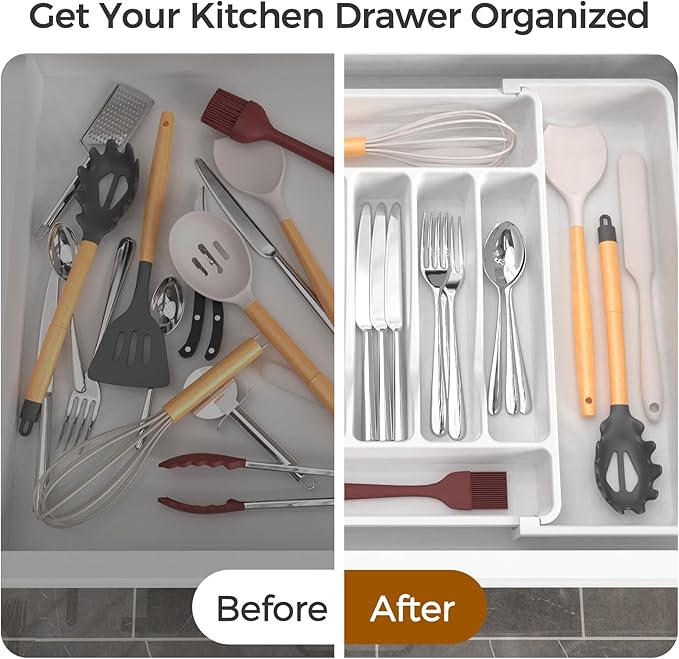 Extra Large Expandable Silverware Organizer, BPA-Free Food-Safe Cutlery Flatware Organizer, Kitchen Utensil Drawer Organizer, Adjustable Silverware Holder for Spoons Forks Knives, White