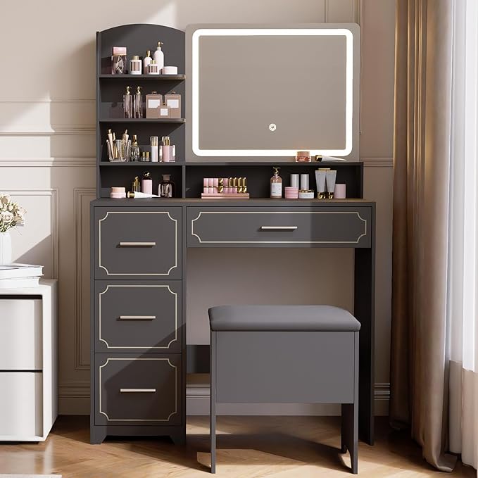 Vanity Table with LED Mirror & Power Outlet - 5 Open Shelves, 4 Drawers - Includes Padded Stool - Ideal Bedroom Makeup Dressing Table （Black）