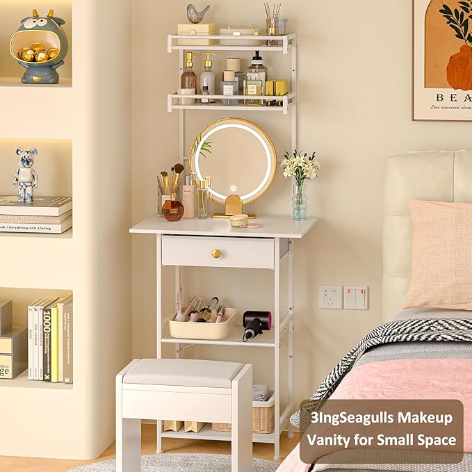 Small Vanity Desk Without Mirror, Makeup Vanity Table for Small Space, Compact White Dressing Table with Fabric Drawers, Makeup Vanity with Storage for Bedroom, White, 23.6in（W）