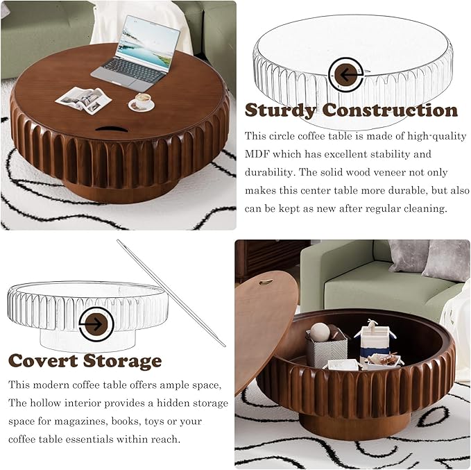 Round Coffee Table with Storage for Living Room, Wood Circle Drum Coffee Table Modern Fluted Center Table Accent Table for Home Office Apartment (Walnut 39.37'')