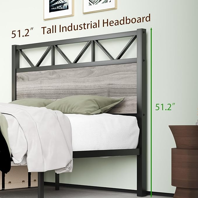 King Size Bed Frame with 51.2" Tall Headboard, Platform Bed Frame with Metal Support, Solid and Stable, Noise Free, No Box Spring Needed, Wash Grey