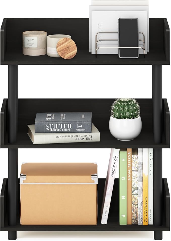 Furinno TURN-N-TUBE 3-Tier Display Shelf, Storage Shelves, Book Shelf, Open Shelves with Rounded Corner Top Edges, for Organization and Storage, Living Room, Home Office, Espresso