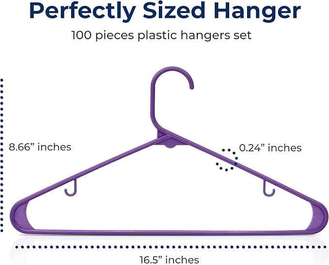 SereneLife 100 Pack Plastic Hangers, Non-Slip, Space-Saving Closet Organizers, Durable and Strong for Shirts, Sweaters, Hoodies, Kids Clothes & Dresses, Ultra-Thin, Lightweight