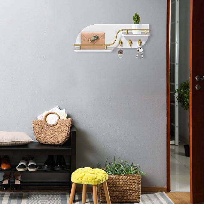 Key Holder for Wall, Decorative Key and Mail Organizer with 3 Metal Hooks and 2 Shelves, Wood Wall Mounted Key Rack for Entryway, White