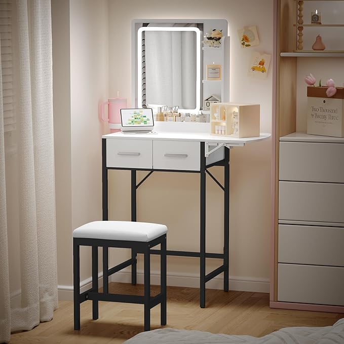 Small Vanity Desk for Mini Space: Compact Makeup Table Set for Tiny Bedroom - Space Saving Vanity for Girls