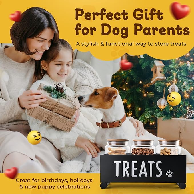 Dog Treat Container - Includes 3 Treat Jar, 1 Treat Bag, Wooden Pet Treat Container, Storage Basket For Pets, Dog Treat Station, with Reusable Sticker & Marker