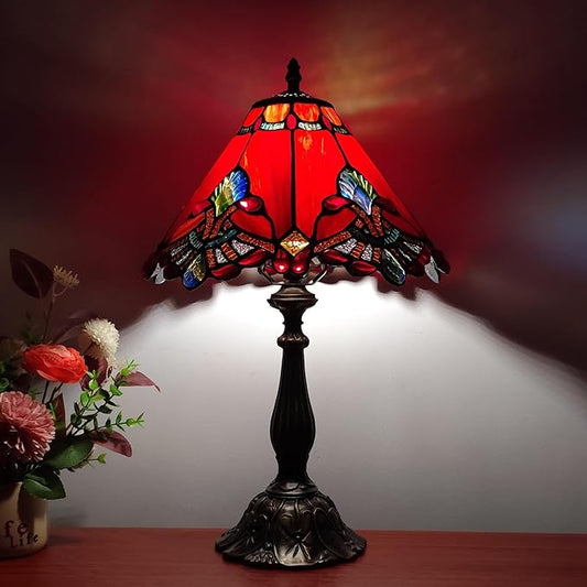 Tiffany Table Lamp Red Baroque Style Stained Glass Lamp 12X12X19 Inch Antique Lamp for Office Home Bedroom Living Include 3-Color LED Bulb
