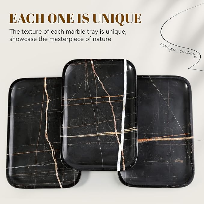 Koville Marble Tray, 12"x8" Marble Vanity Tray for Bathroom Kitchen Countertop, Rectangular Stone Tray for Cosmetics Perfume Trinket, Decorative Catchall Trays (Black)