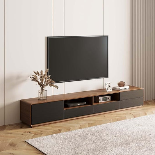 Modern 94" Solid Wood TV Stand, Lowline Media Console with 4 Drawers, Open Storage Cabinet, Walnut Veneer, Fully-Assembled (TV Stand Only)