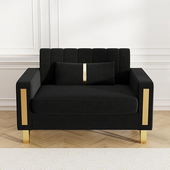 Couch 85.62" 3 Seats Sectional Velvet Fabric Sofa Easy Assemble Sofa Bed with 2 Couch Pillows,Gold Metal Legs for Living Room (P17, Black（3+3+1）)