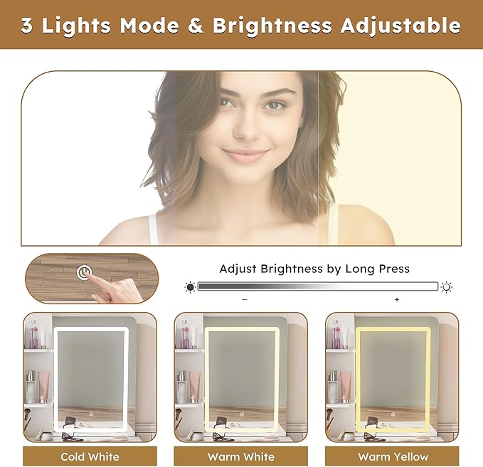 Casaphoria White Makeup Vanity Desk with Hidden Mirror, 31.5 Inch Dressing Table with 5 Drawers, 3 Color Adjustable LED Lights, No Stool Included