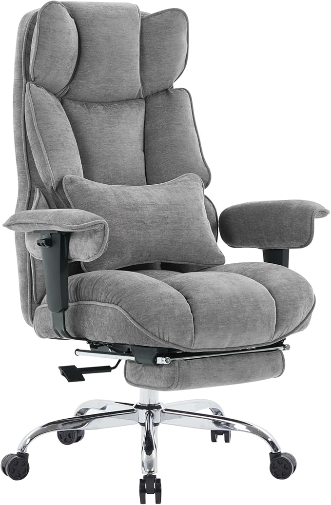 Efomao Executive Office Chair, Soft-Cushioned Computer Chair with Foot Rest, Fabric Home Office Desk Chairs, Big and Tall Office Chairs, Grey