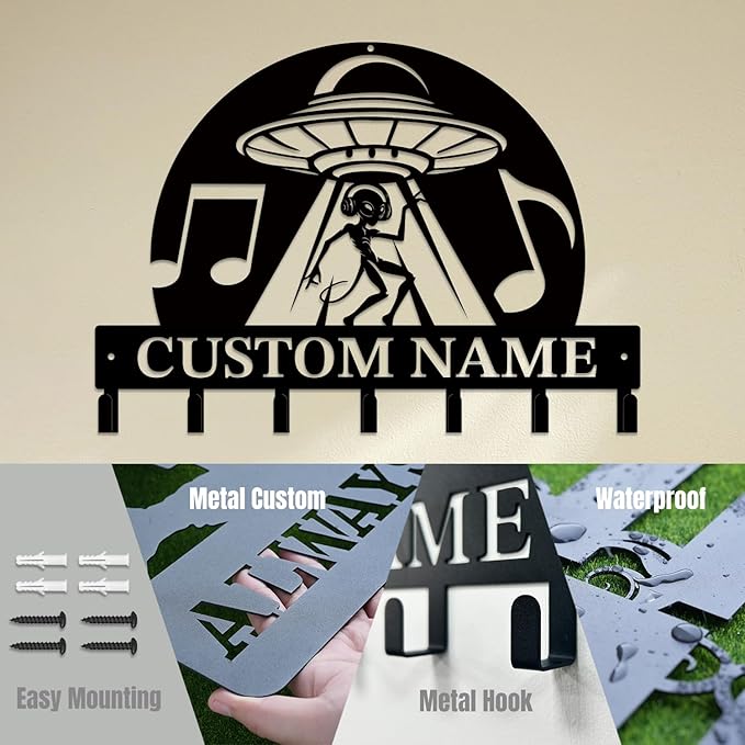 Personalized Custom Alien ET UFO Metal Wall Keys Hooks,Clothes Hooks Alien ET UFO Art Coat Racks,Door Holder,Black Alien ET Decorations for Home,Entrance Doors,Hallway, Bedroom,Keys,Hats (Style L)
