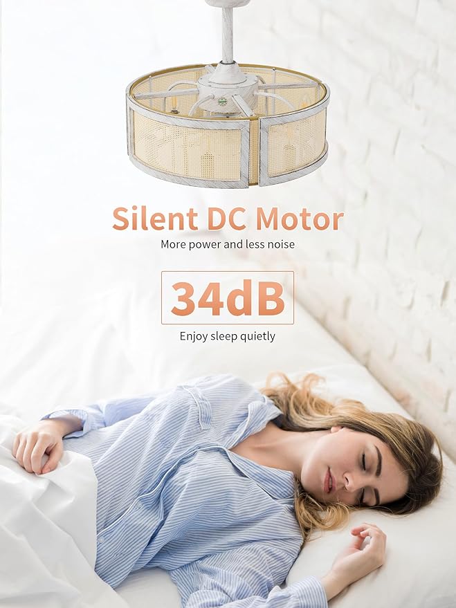 20" Boho Fandelier Ceiling Fan with Light,6 E12 Bulbs Include, Rattan Chandelier Ceiling Fans with Lights Remote Control, Mid-Century with 6 Speeds for Bedroom, Nursery, Living Room