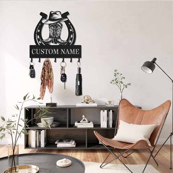 Personalized Key Holder for Wall, Custom Metal Cowboy Key Hooks with Name, Meta Jacket Holder Hooks Organizer Rack, Jacket Hanger Decor for Kitchen, Entryway, Hallway, Office, Doorway