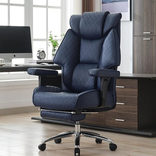 Big and Tall Office Chair with Footrest, PU Leather High Back Executive Office Chair 400lbs, Ergonomic Computer Chairs Lumbar Support for Heavy People (Blue)