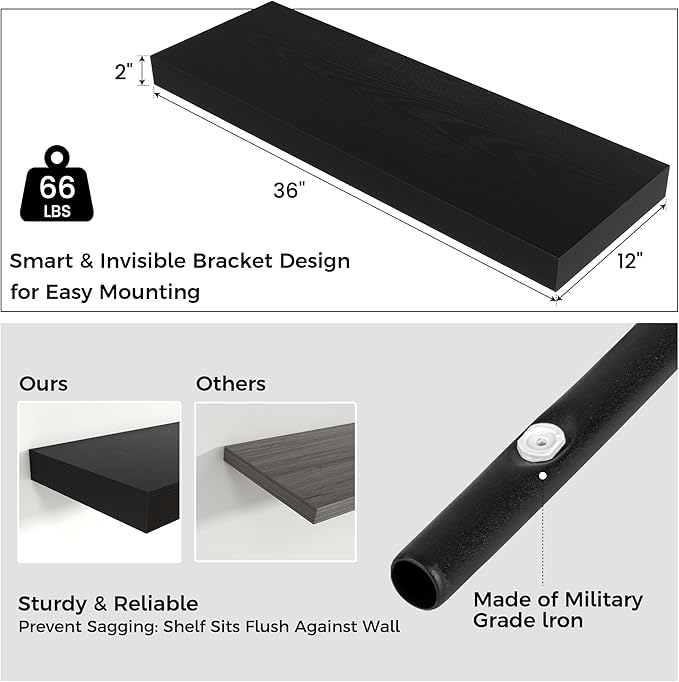 Floating Shelves for Wall, 36 Inch Wide x 12 Inch Deep Floating Shelves, Long Wood Floating Wall Shelf Shelves for Living Room Bathroom Bedroom Kitchen Home - (Black, 36" W x 12" D x 2" H)