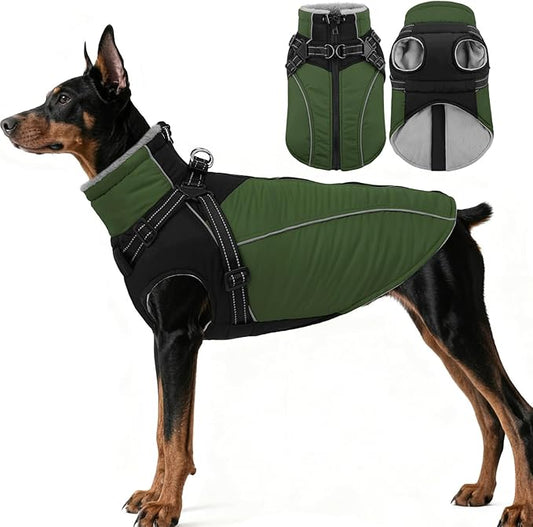 ASENKU Reflective Dog Coat with Built-in Harness, Windproof Fleece-Lined Dog Jacket for Small, Medium, Large Dogs, Warm Winter Vest with Turtleneck & Zipper (Green L)