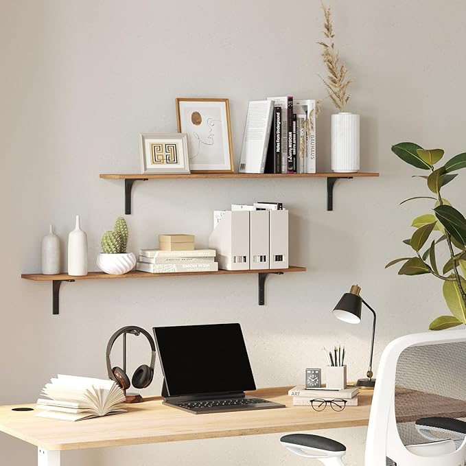 DINZI LVJ Long Wall Shelves, 55.1Inch Wall Mounted Shelves Set of 2, Extra Large Floating Storage Ledges with Sturdy Metal Brackets for Living Room, Bathroom, Bedroom, Kitchen, Rustic Brown