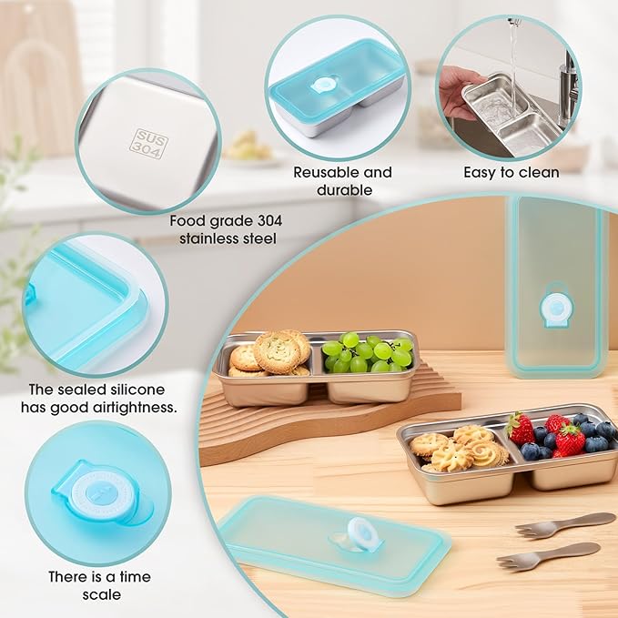 Stainless Steel Snack Containers,Food Storage,2 Compartment,Condiment Containers with Lids,Snack Containers 1 PCS