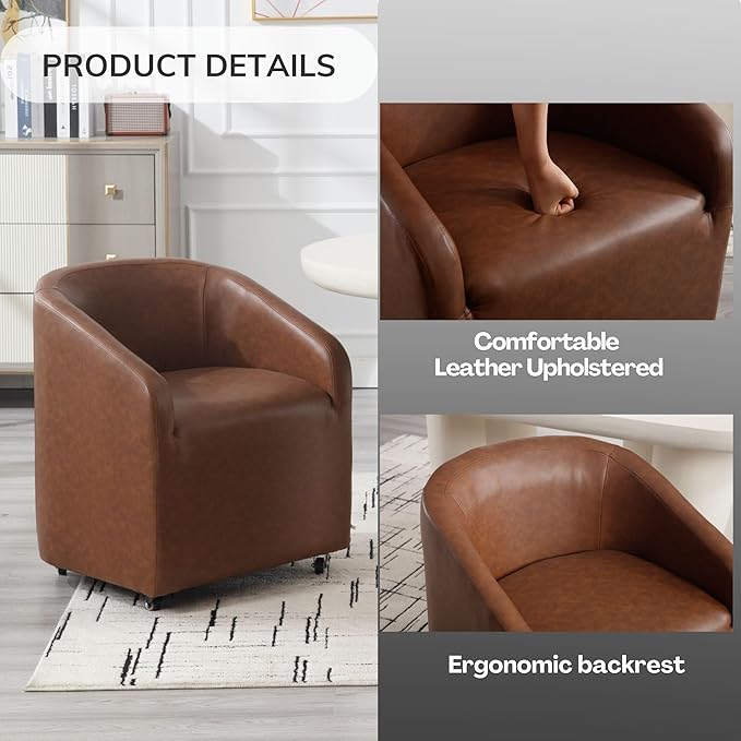 Set of 2 Modern Upholstered Dining Chairs with Swivel Casters, Faux Leather Barrel Back Accent Side Chair for Dining Room Living Room,Brown