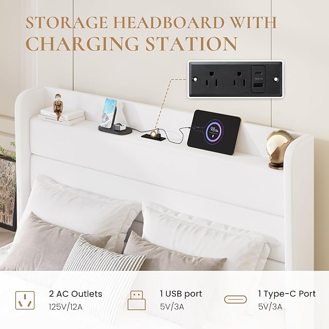 SHA CERLIN Queen Bed Frame with Charging Station, Velvet Upholstered Platform Bed, Wingback Storage Headboard, Type-C & USB Ports, Strong Wooden Slats, No Box Spring Needed, Easy Assembly, White